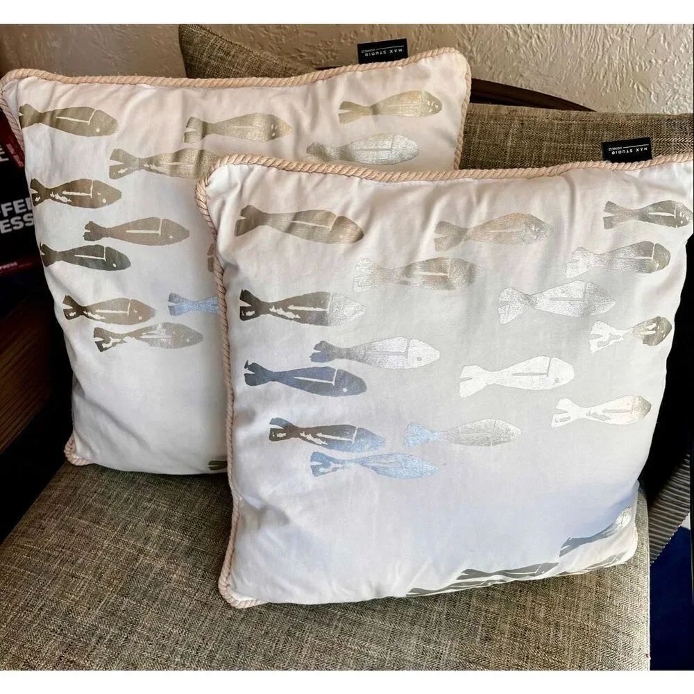 Set of 2  Max Studio Home Silver/White Fish Print Decorative Throw Pillows